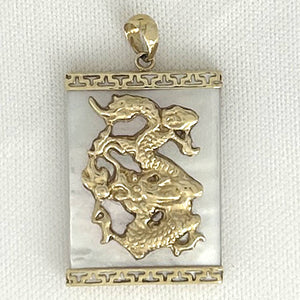 14k Solid Yellow Gold Hand Crafted Dragon White Mother of Pearl Pendant