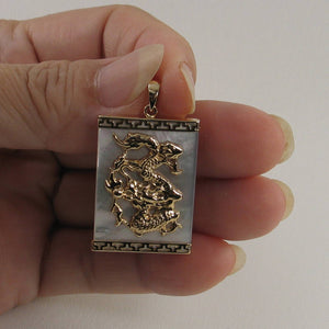 14k Solid Yellow Gold Hand Crafted Dragon White Mother of Pearl Pendant