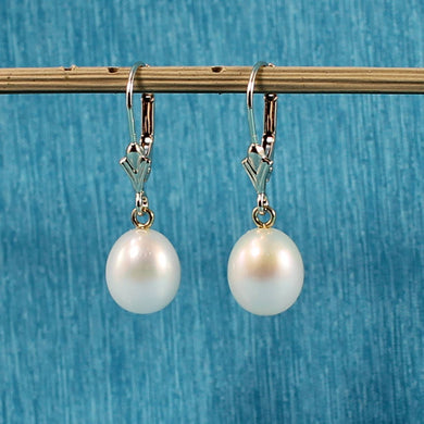 14K Yellow Gold Leverback Genuine White Cultured Pearl Dangle Earrings