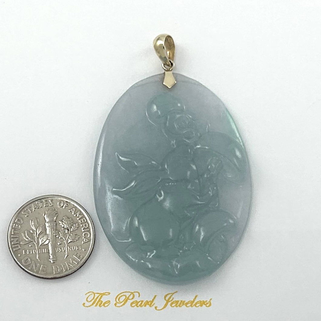 Lovely Hand Carved Hare Celadon Green Jade 14k Yellow Gold Bale Pendant Necklace