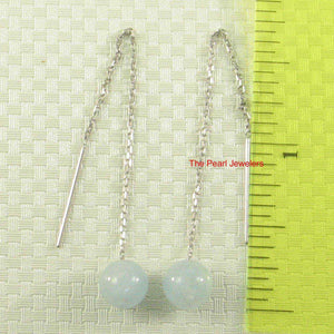 14k Solid White Gold Threader Chain 7mm Gemstone Aquamarine Bead Dangle Earrings