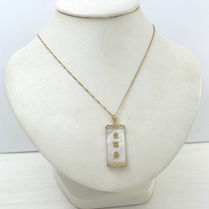 14k Yellow Gold Triple Lucky Greek Key White Mother of Pearl Pendant Necklace