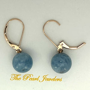 14kt Rose Solid Gold Leverback 10mm Blue Aquamarine Bead Dangle Earrings