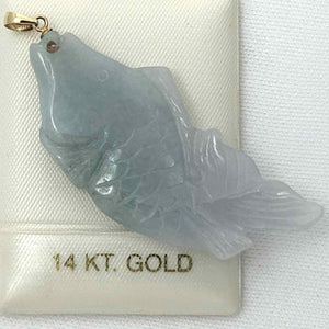 14k Solid Gold Hand Carved Celadon Green Jade Jadeite Koi Fish Pendant Necklace
