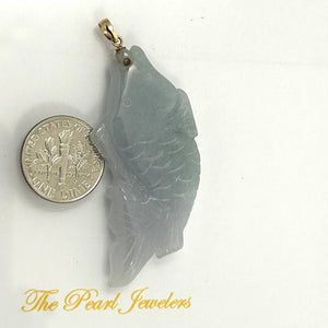 14k Solid Gold Hand Carved Celadon Green Jade Jadeite Koi Fish Pendant Necklace