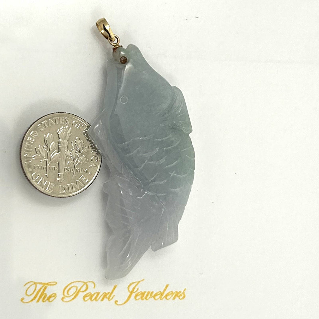 14k Solid Gold Hand Carved Celadon Green Jade Jadeite Koi Fish Pendant Necklace