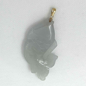 14k Solid Yellow Gold Hand Carved Feng Shui Koi Fish Jadeite Pendant Necklace