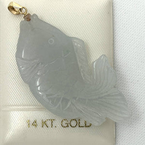 14k Solid Yellow Gold Hand Carved Feng Shui Koi Fish Jadeite Pendant Necklace
