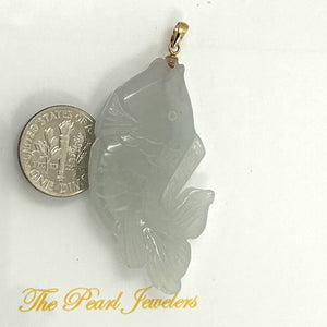14k Solid Yellow Gold Hand Carved Feng Shui Koi Fish Jadeite Pendant Necklace
