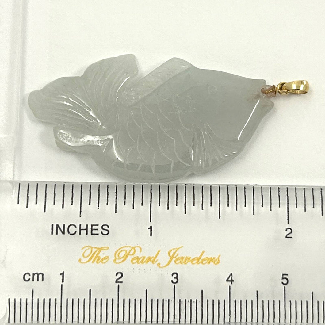 14k Solid Yellow Gold Hand Carved Feng Shui Koi Fish Jadeite Pendant Necklace