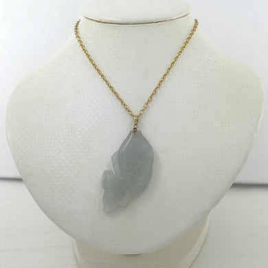 14k Solid Yellow Gold Hand Carved Feng Shui Koi Fish Jadeite Pendant Necklace