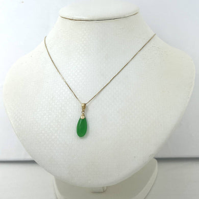 14k Solid Yellow Gold Hand Carving Flat Raindrop Green Jade Pendant