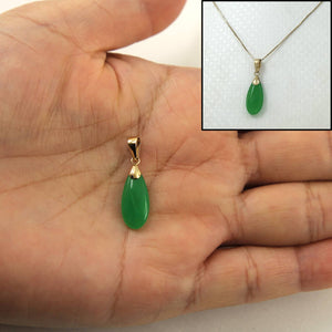 14k Solid Yellow Gold Hand Carving Flat Raindrop Green Jade Pendant
