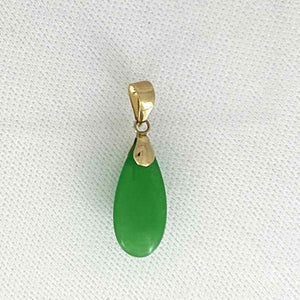 14k Solid Yellow Gold Hand Carving Flat Raindrop Green Jade Pendant