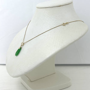 14k Solid Yellow Gold Hand Carving Flat Raindrop Green Jade Pendant