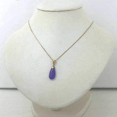 14k Solid Yellow Gold Hand Carving Raindrop Purple Jade Pendant