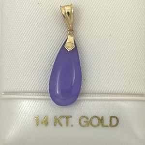 14k Solid Yellow Gold Hand Carving Raindrop Purple Jade Pendant