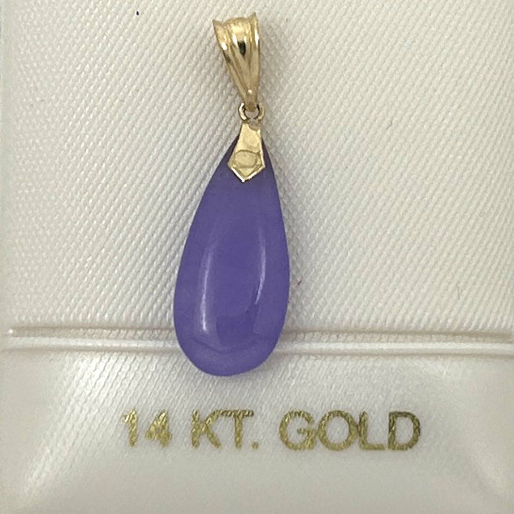 14k Solid Yellow Gold Hand Carving Raindrop Purple Jade Pendant