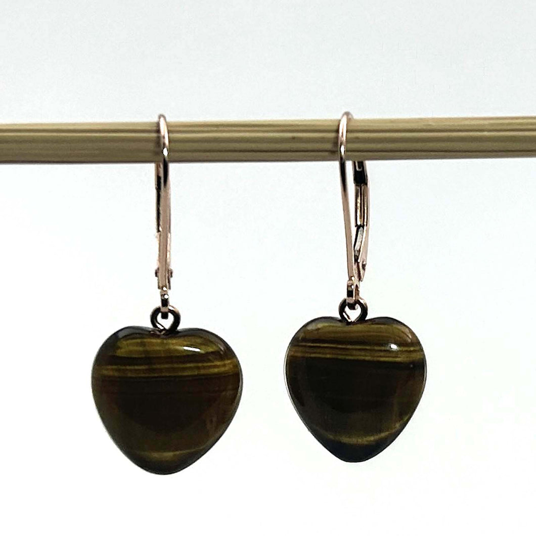 14k Solid Rose Gold Leverback Heart Genuine Brown Tiger-Eye Dangle Earrings