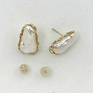 14k Yellow Solid Gold Biwa Pearl Stud Earrings