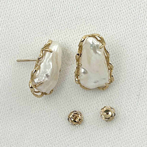 14k Yellow Solid Gold Biwa Pearl Stud Earrings