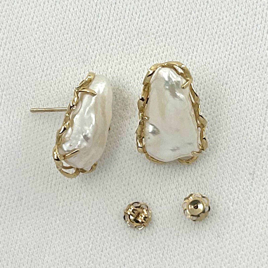 14k Yellow Solid Gold Biwa Pearl Stud Earrings