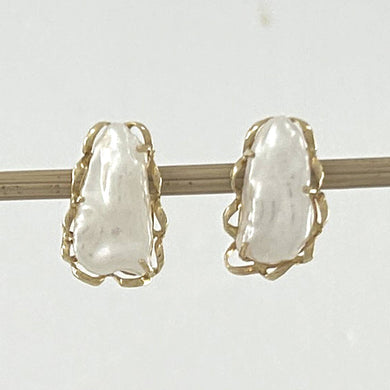 14k Yellow Solid Gold Biwa Pearl Stud Earrings