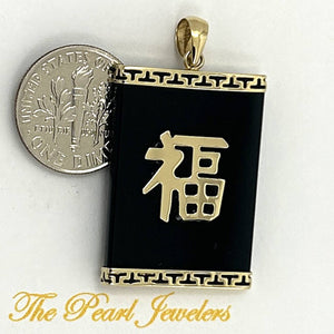 14k Solid Yellow Gold Good Fortune Black Onyx Pendant Necklace