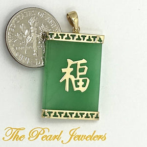 14k Solid Yellow Gold Good Fortune Green Jade Pendant Necklace