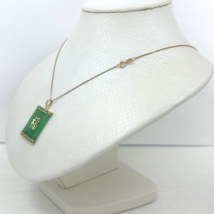 14k Solid Yellow Gold Good Fortune Green Jade Pendant Necklace
