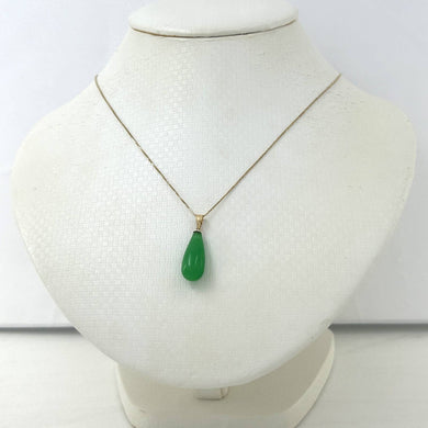 14k Solid Yellow Gold Pear Green Jade Pendant Necklace