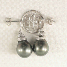 Load image into Gallery viewer, 14k White Gold Black Tahitian Pearl Diamond Dangle Earrings