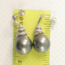 Load image into Gallery viewer, 14k White Gold Black Tahitian Pearl Diamond Dangle Earrings