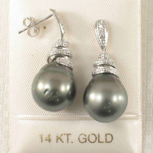 Load image into Gallery viewer, 14k White Gold Black Tahitian Pearl Diamond Dangle Earrings