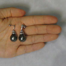 Load image into Gallery viewer, 14k White Gold Black Tahitian Pearl Diamond Dangle Earrings