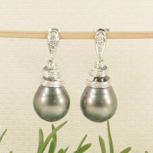Load image into Gallery viewer, 14k White Gold Black Tahitian Pearl Diamond Dangle Earrings