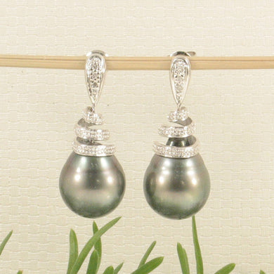 14k White Gold Black Tahitian Pearl Diamond Dangle Earrings