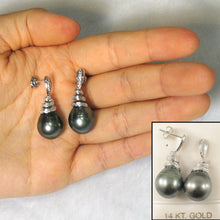 Load image into Gallery viewer, 14k White Gold Black Tahitian Pearl Diamond Dangle Earrings