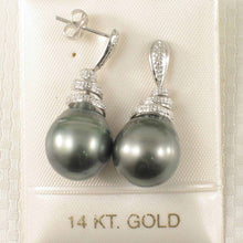 Load image into Gallery viewer, 14k White Gold Black Tahitian Pearl Diamond Dangle Earrings