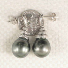 Load image into Gallery viewer, 14k White Gold Black Tahitian Pearl Diamond Dangle Earrings