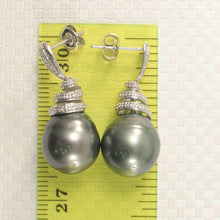 Load image into Gallery viewer, 14k White Gold Black Tahitian Pearl Diamond Dangle Earrings