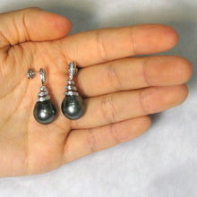 Load image into Gallery viewer, 14k White Gold Black Tahitian Pearl Diamond Dangle Earrings