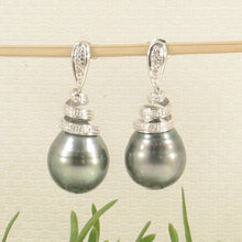 Load image into Gallery viewer, 14k White Gold Black Tahitian Pearl Diamond Dangle Earrings