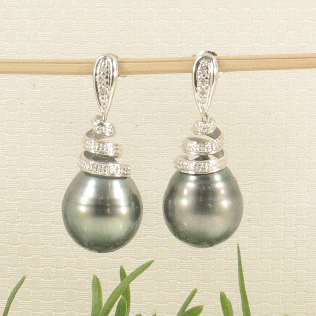 14k White Gold Black Tahitian Pearl Diamond Dangle Earrings