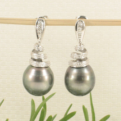 14k White Gold Black Tahitian Pearl Diamond Dangle Earrings