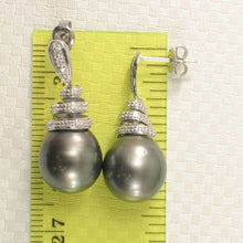 Load image into Gallery viewer, 14k White Gold Black Tahitian Pearl Diamond Dangle Earrings