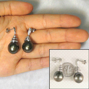 14k White Gold Black Gray Tahitian Pearl Diamond Dangle Earrings