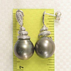 14k White Gold Black Gray Tahitian Pearl Diamond Dangle Earrings