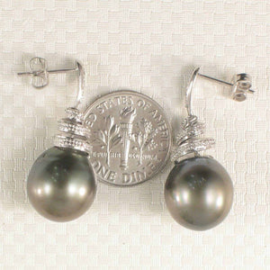 14k White Gold Black Gray Tahitian Pearl Diamond Dangle Earrings
