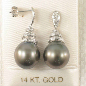 14k White Gold Black Gray Tahitian Pearl Diamond Dangle Earrings